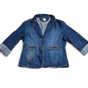 Y2K Rave Jean Jacket with Embroidered Rose